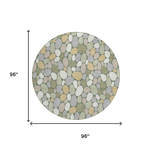 8 Ft Round Geometric Indoor Outdoor Rug Washable Polyester Stain Resistant Green Ivory