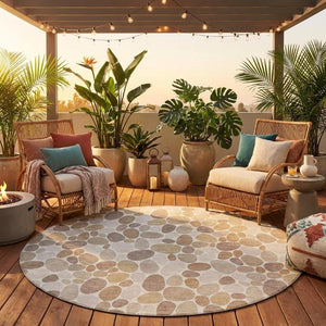 8 Foot Round Geometric Polyester Area Rug Ivory Beige Washable for Patio or Home