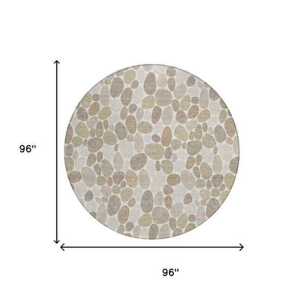 8 Foot Round Geometric Polyester Area Rug Ivory Beige Washable for Patio or Home