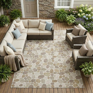 9x12 Ivory Beige Geometric Polyester Area Rug Washable Stain Resistant Indoor Outdoor