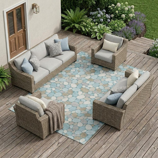9x12 Geometric Polyester Area Rug Washable Teal Silver Indoor Outdoor Patio