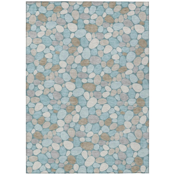 HomeRoots 9x12 Geometric Polyester Area Rug Washable Teal Silver Indoor Outdoor Patio 742791