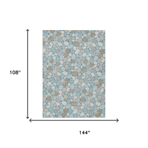 9x12 Geometric Polyester Area Rug Washable Teal Silver Indoor Outdoor Patio