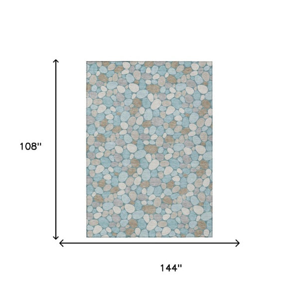 9x12 Geometric Polyester Area Rug Washable Teal Silver Indoor Outdoor Patio