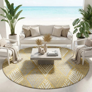 8 Foot Round Geometric Polyester Area Rug Washable Gold Beige Indoor Outdoor