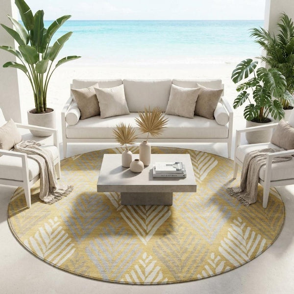 8 Foot Round Geometric Polyester Area Rug Washable Gold Beige Indoor Outdoor