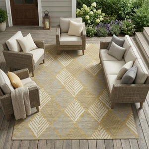 9 Ft Gold Beige Geometric Polyester Area Rug for Indoor Outdoor Living Spaces