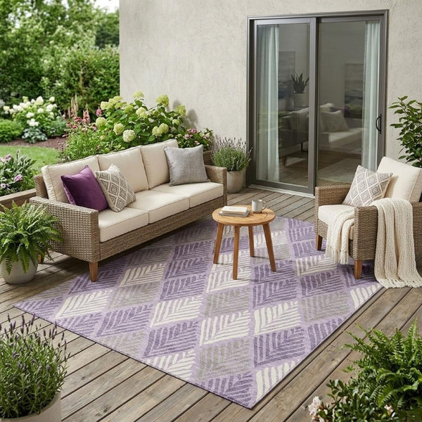 5 X 8 Lavender Purple Geometric Polyester Washable Rug for Indoor Outdoor Use