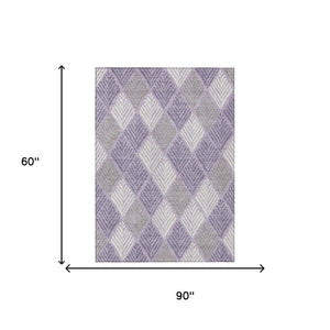 5 X 8 Lavender Purple Geometric Polyester Washable Rug for Indoor Outdoor Use