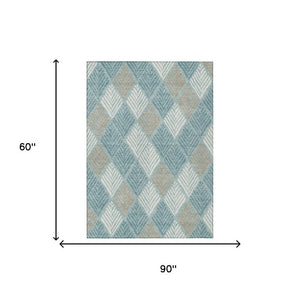 5x8 Teal Silver Geometric Polyester Area Rug Washable Stain Resistant Indoor Outdoor