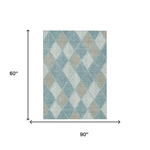 5x8 Teal Silver Geometric Polyester Area Rug Washable Stain Resistant Indoor Outdoor