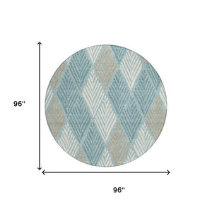8 Ft Round Geometric Polyester Area Rug Washable Teal Silver for Patio or Kitchen