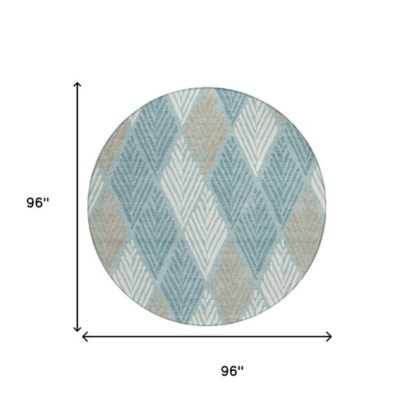 8 Ft Round Geometric Polyester Area Rug Washable Teal Silver for Patio or Kitchen