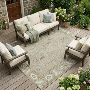 10 X 14 Oriental Beige Brown Polyester Area Rug Washable for Indoor Outdoor Use