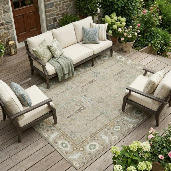 10 X 14 Oriental Beige Brown Polyester Area Rug Washable for Indoor Outdoor Use