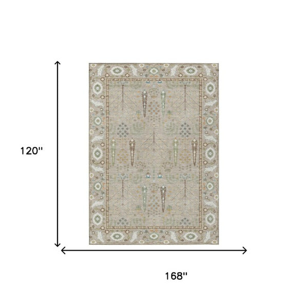 10 X 14 Oriental Beige Brown Polyester Area Rug Washable for Indoor Outdoor Use