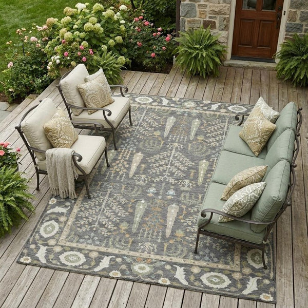 9 X 12 Gray Graphite Oriental Polyester Area Rug Stain Resistant Indoor Outdoor