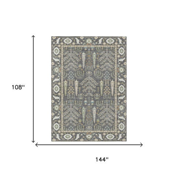 9 X 12 Gray Graphite Oriental Polyester Area Rug Stain Resistant Indoor Outdoor