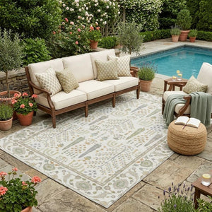 5x8 Ivory Beige Oriental Polyester Area Rug Washable for Indoor Outdoor Use
