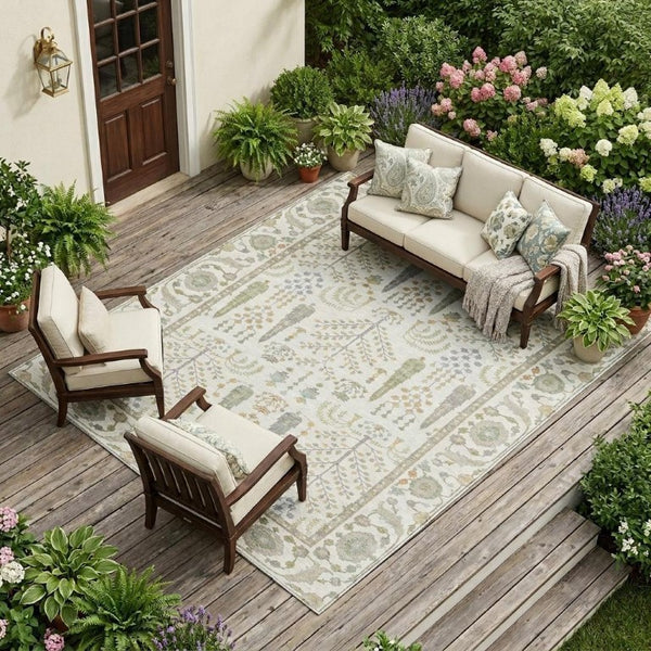 8 X 10 Ivory Beige Oriental Polyester Area Rug for Indoor Outdoor Living Spaces