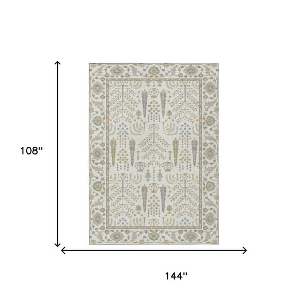9x12 Ivory Beige Oriental Polyester Area Rug Washable Stain Resistant Indoor Outdoor