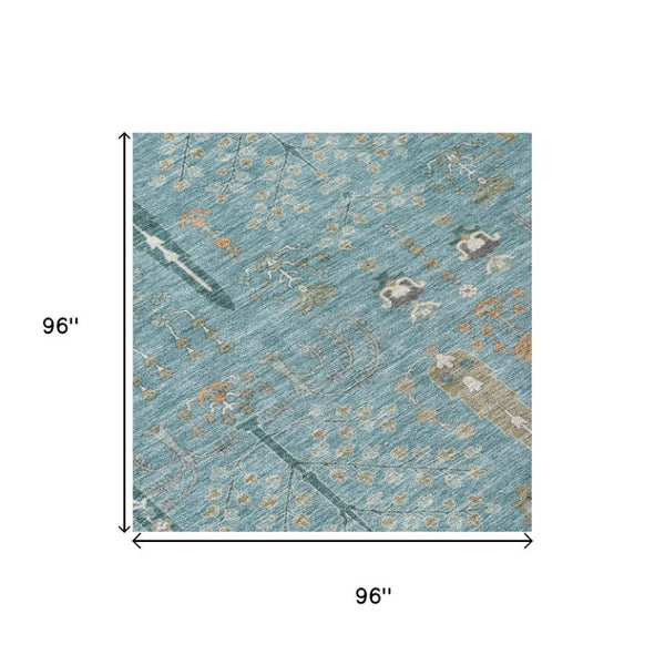8 Ft Round Oriental Teal Polyester Rug Washable Stain Resistant for Patio or Kitchen