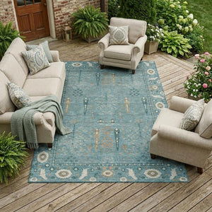8 X 10 Teal Silver Oriental Polyester Rug Washable Stain Resistant Indoor Outdoor