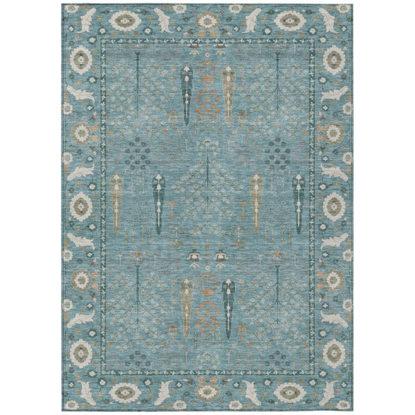 HomeRoots 8 X 10 Teal Silver Oriental Polyester Rug Washable Stain Resistant Indoor Outdoor 742868