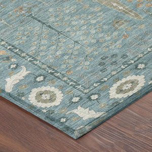 8 X 10 Teal Silver Oriental Polyester Rug Washable Stain Resistant Indoor Outdoor