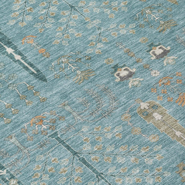 8 X 10 Teal Silver Oriental Polyester Rug Washable Stain Resistant Indoor Outdoor