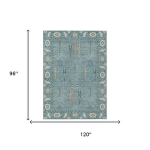 8 X 10 Teal Silver Oriental Polyester Rug Washable Stain Resistant Indoor Outdoor