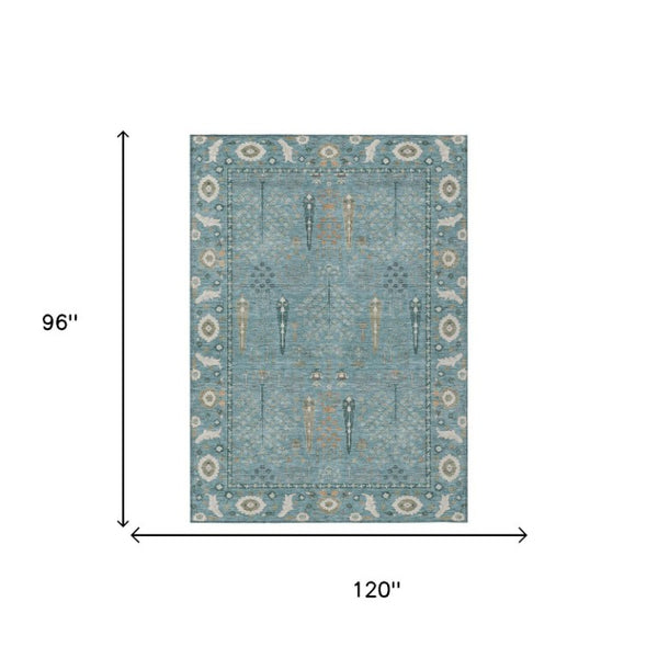 8 X 10 Teal Silver Oriental Polyester Rug Washable Stain Resistant Indoor Outdoor
