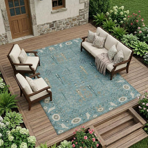 9 X 12 Teal Silver Oriental Polyester Area Rug Stain Resistant for Patio or Living Room