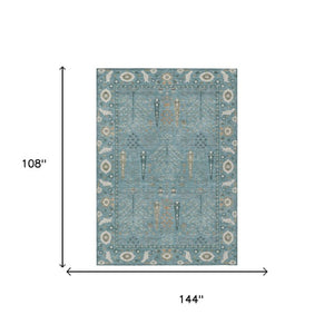 9 X 12 Teal Silver Oriental Polyester Area Rug Stain Resistant for Patio or Living Room