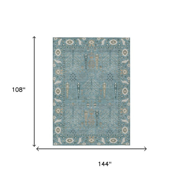 9 X 12 Teal Silver Oriental Polyester Area Rug Stain Resistant for Patio or Living Room