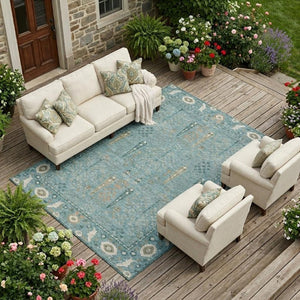 10 X 14 Teal Silver Oriental Polyester Area Rug Washable Indoor Outdoor Use