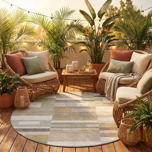 8 Ft Round Striped Polyester Area Rug Washable Indoor Outdoor Ivory Beige Patio