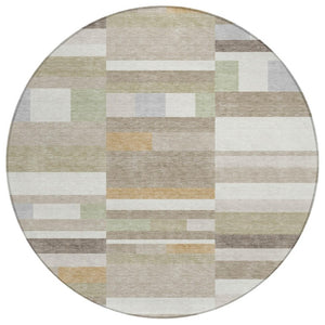HomeRoots 8 Ft Round Striped Polyester Area Rug Washable Indoor Outdoor Ivory Beige Patio 742879