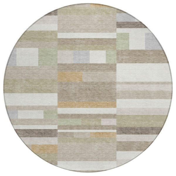 HomeRoots 8 Ft Round Striped Polyester Area Rug Washable Indoor Outdoor Ivory Beige Patio 742879