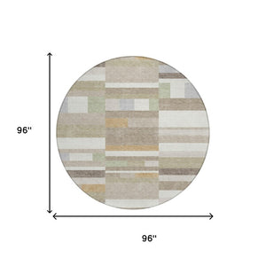 8 Ft Round Striped Polyester Area Rug Washable Indoor Outdoor Ivory Beige Patio