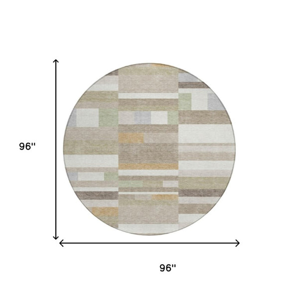 8 Ft Round Striped Polyester Area Rug Washable Indoor Outdoor Ivory Beige Patio