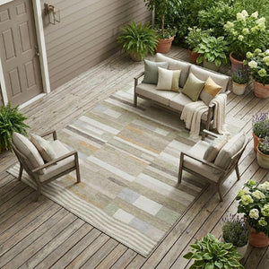 8 X 10 Ivory Beige Stripe Polyester Area Rug Washable for Patio Porch or Living Room