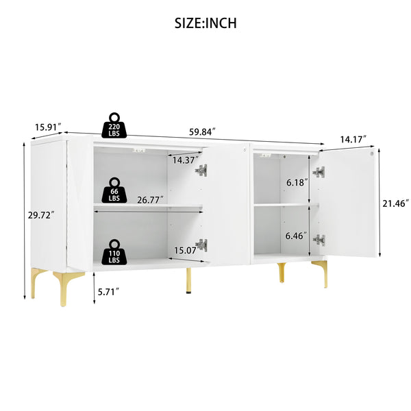 English Elm Buffet Modern White Sideboard Cabinet with Carved Doors, 4 Adjustable Shelves, 220lb Top Load W2696P279968