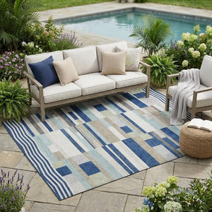 5 X 8 Striped Navy Polyester Area Rug Washable for Patio Porch and Indoor Spaces