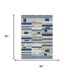 5 X 8 Striped Navy Polyester Area Rug Washable for Patio Porch and Indoor Spaces