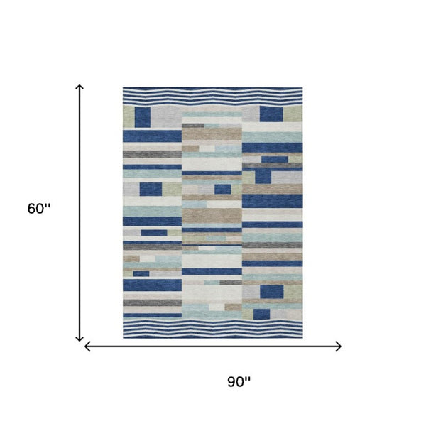 5 X 8 Striped Navy Polyester Area Rug Washable for Patio Porch and Indoor Spaces