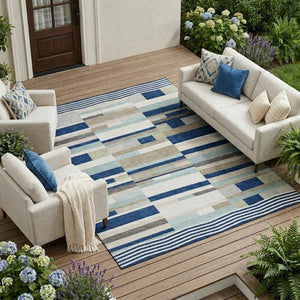 8x10 Navy Striped Polyester Area Rug Washable Stain Resistant Indoor Outdoor Patio
