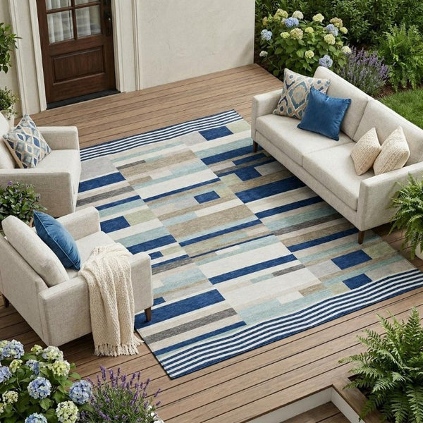8x10 Navy Striped Polyester Area Rug Washable Stain Resistant Indoor Outdoor Patio