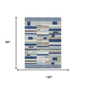 8x10 Navy Striped Polyester Area Rug Washable Stain Resistant Indoor Outdoor Patio