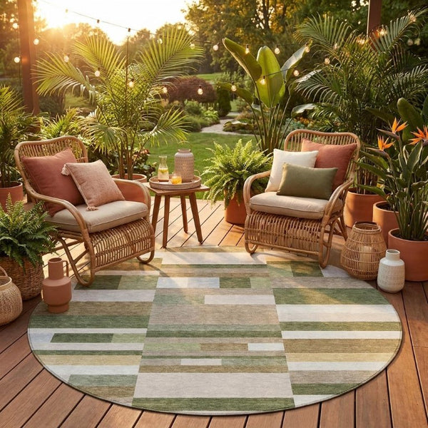 8 Foot Round Striped Polyester Area Rug Washable for Indoor Outdoor Living